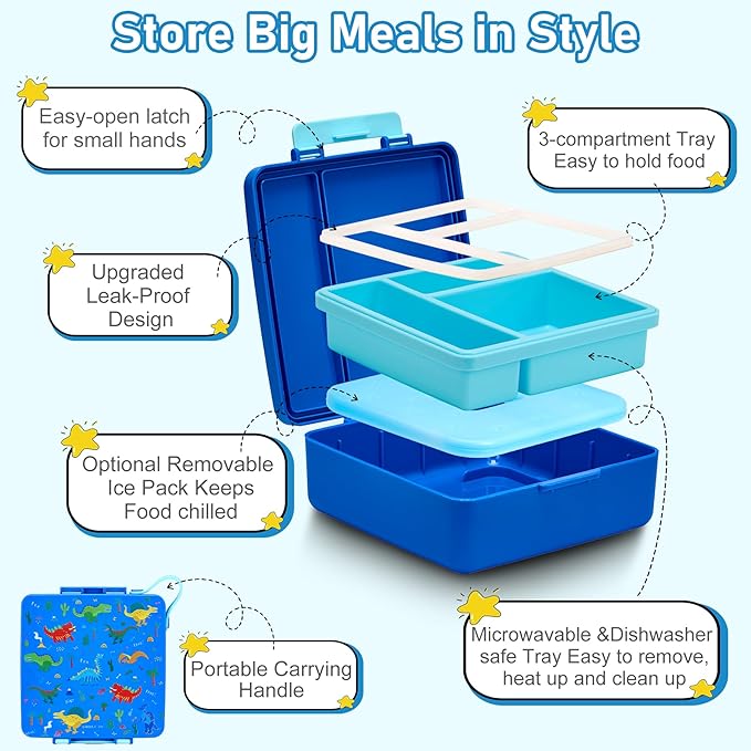 Bento Lunch Box for Kids with 17oz Soup Thermo,Insulated Tumbler Water Bottle and Insulated Lunch Bag,Leak-Proof 3 Compartment Lunch Food Container with with Ice Pack for Kids to School-Dinosaur