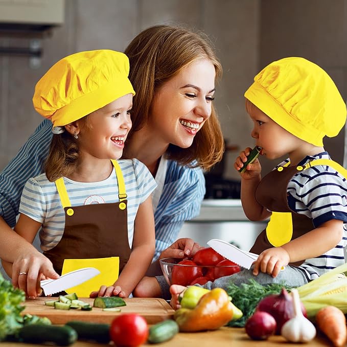 RISICULIS 21 Pieces Toddler Knife, Kids Knife Set Includes Wood Kids Safe Knife, Plastic Toddler Knife, Cutting Board, Apron, Chef Hat, Y Peeler, Crinkle Cutter, Cake Scraper, Gloves, Sandwich Cutter