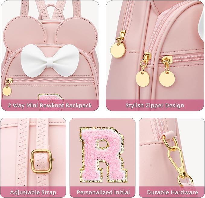 KKXIU Girls Initial Bowknot Cute Mini Backpack for Toddler, Travel Small Girl Backpacks, Personalized Trendy Stuff Gift for Little Girls and Kids(R, Pink)