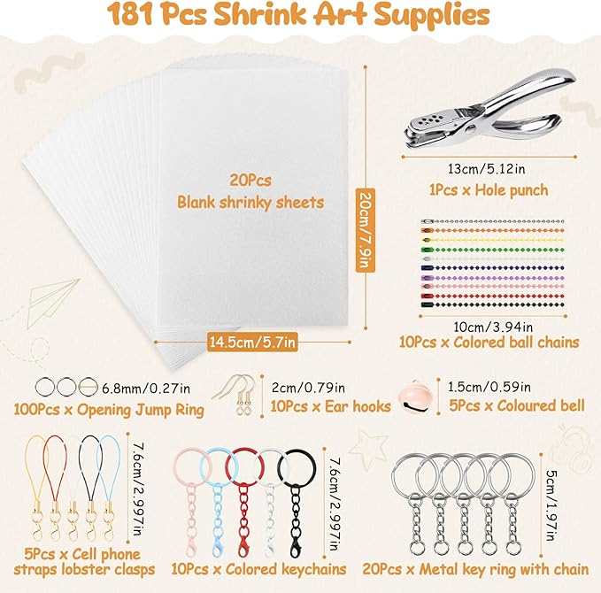 Hayunfiys Shrinky Plastic Sheets Kit, Shrink Paper Keychains and Open Iron Ring for Kids DIY Creative Craft Marking (181 PCS)
