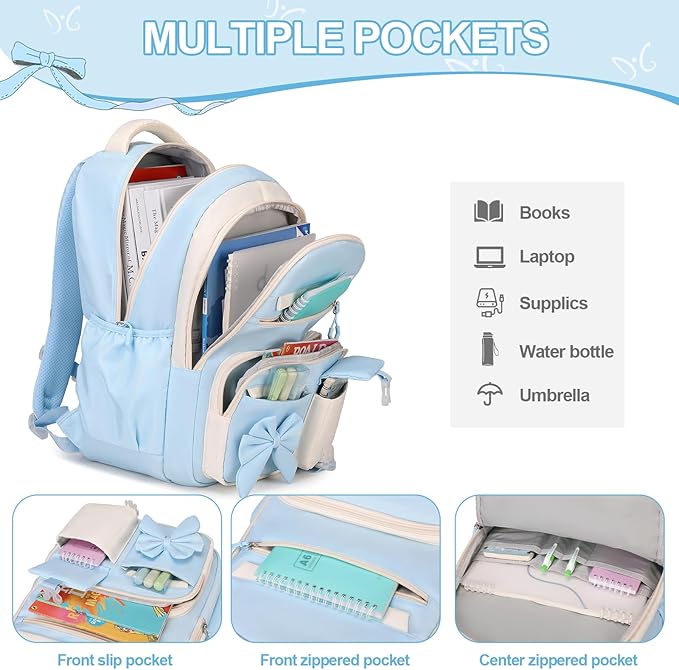 Backpack for Girls, 3PCS Girls Backpack for School with Lunch Bag Pencil Case, Cute Kids Teens Bookbag for Kindergarten Elementary Preschool Middle School (Blue)