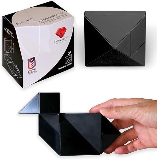 Pickagram Tangram 3D Magnetic Puzzle for Kids (8-12), Adults & Seniors | STEM Certified Fidget Puzzle - Magnetic Pattern Blocks for Cognitive Development, Creativity & Focus - Black