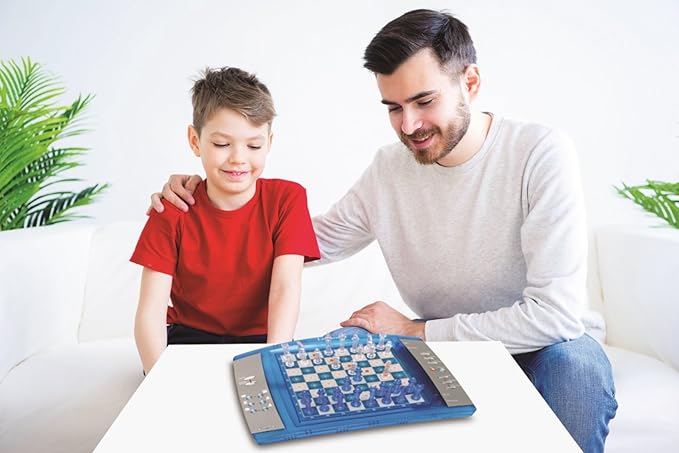 Lexibook ChessLight®, Electronic Chess Game with Touch-Sensitive Keyboard and Light and Sound Effects, 32 Pieces, 64 Levels of Difficulty, Battery or Plug, Blue/Grey, LCG3000