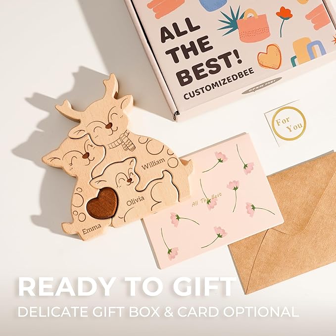 Wooden Elk Family Puzzle, Personalized Puzzles with 2-5 Names, Birthday Christmas Personalized Gifts for Kids Teen Boys Girls Mom Dad Grandma Toddler, Christmas Thanksgiving Decor Gifts