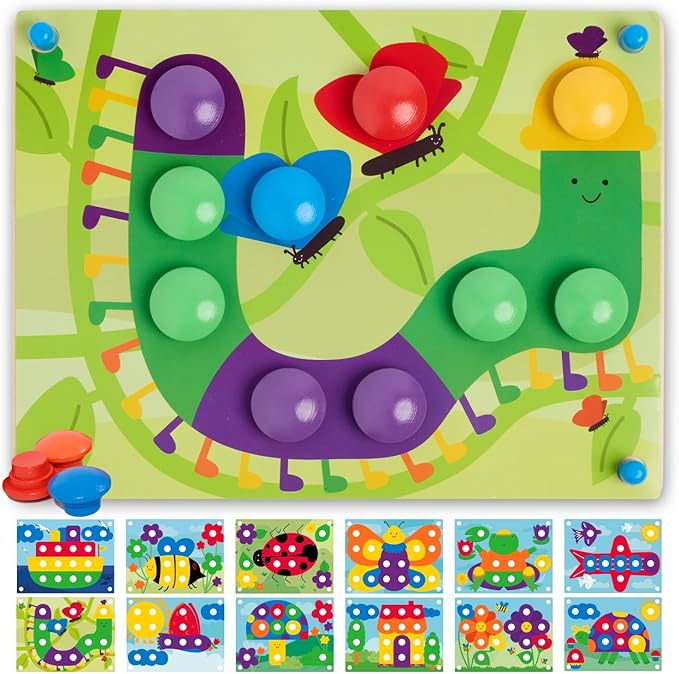 Nene Toys Wooden Color Matching Puzzle for Toddlers 2+ Years โ Montessori Pegboard Button Game with Wooden Nails & Cards โ Educational Toy for 2 3 Year Old Boys Girls โ Fine Motor Skill Learning