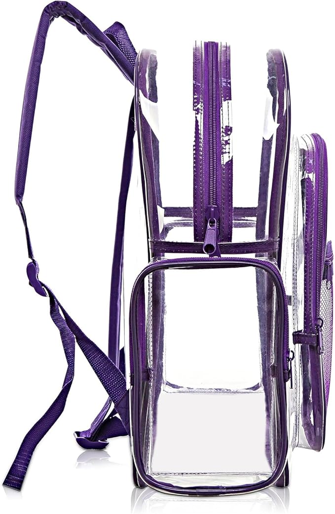 17 Inch Clear PVC Backpack with Purple Trim and 5 Zipper Compartments, Transparent School Bookbag for Boys Girls, Travel or Work Bag for Men Women