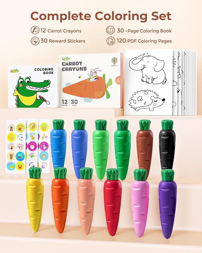 12 Colors Crayons for Toddlers 1-3, Non Toxic Beeswax Carrot-Shaped Toddler Crayons with 30-Page Coloring Book and 120 PDF Pages, Mess-Free Coloring for Kids Ages 2-4 4-8 Art Supplies Gift