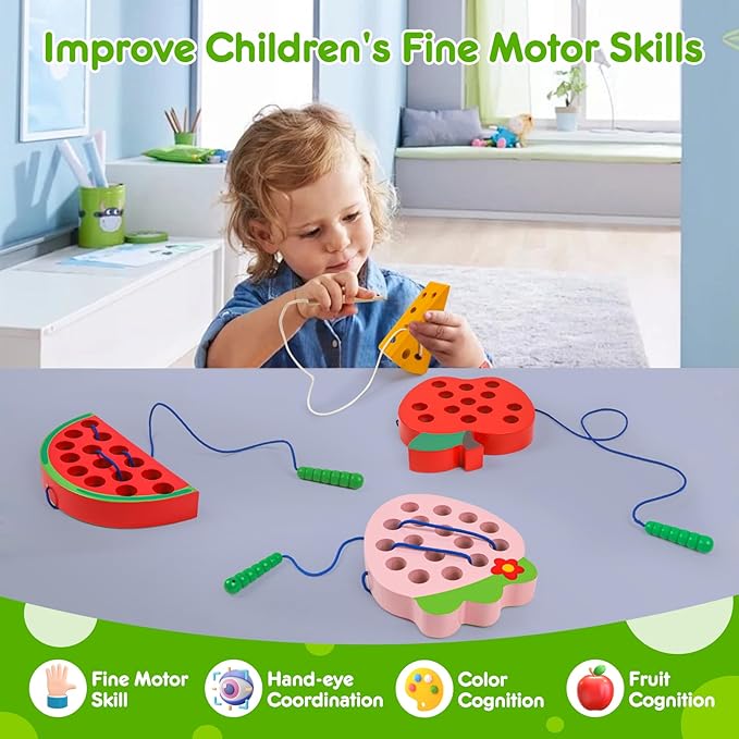 Wooden Toys Lacing Toys for Toddlers 3-5,Plane Activities Car Travel Toy Montessori Educational Learning Threading Toys for Fine Motor Skills Birthday Easter Gift for Boys Girls(4 pcs)