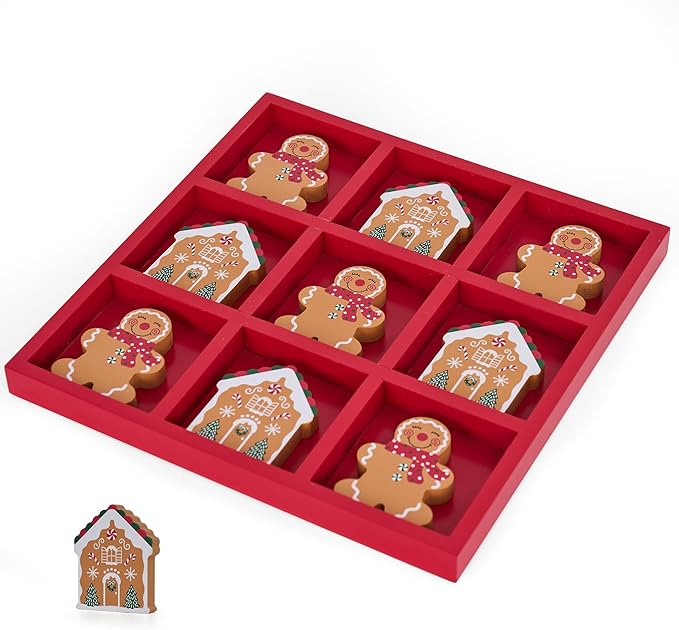 GENMOUS Christmas Tic Tac Toe Game Board Indoor Game, 10.6 Inch Rustic Giant Tic Tac Toe with Gingerbread Man and Igloo, Xmas Coffee Table Decor, Fun for Home Room Holiday Decorations