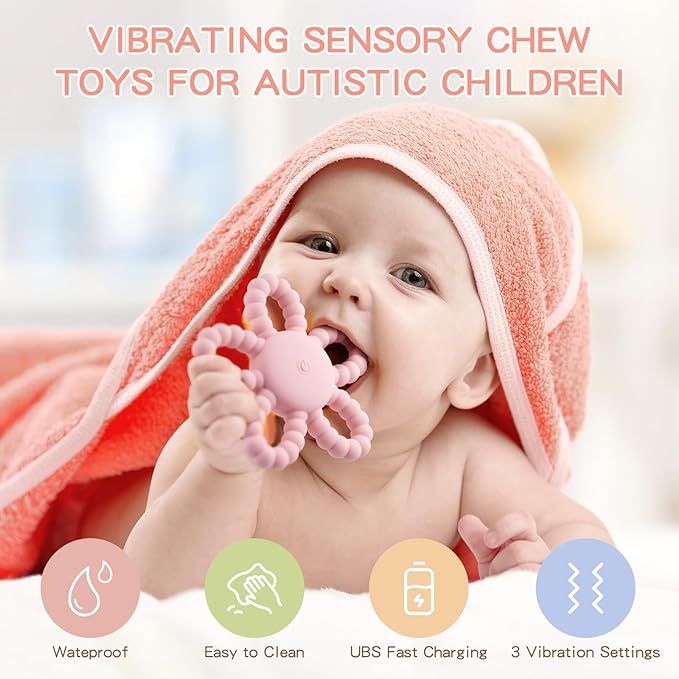 VViN Sensory Vibrating Chew Toy – Baby Teether for Autism Sensory Needs, USB Charging Teething Toy for 3-18 Months, Teething Relief & Easy to Grasp Design (Pink)