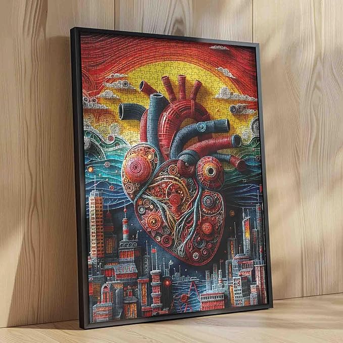 Steampunk Style Heart 1000 Piece Jigsaw Puzzles for Adult Mechanical Human Organ Painting Jigsaw Puzzle Abstract Cityscape 1000 Pieces Puzzles Game Wall Decor DIY Craft Puzzle Art Biology Gift(Red)