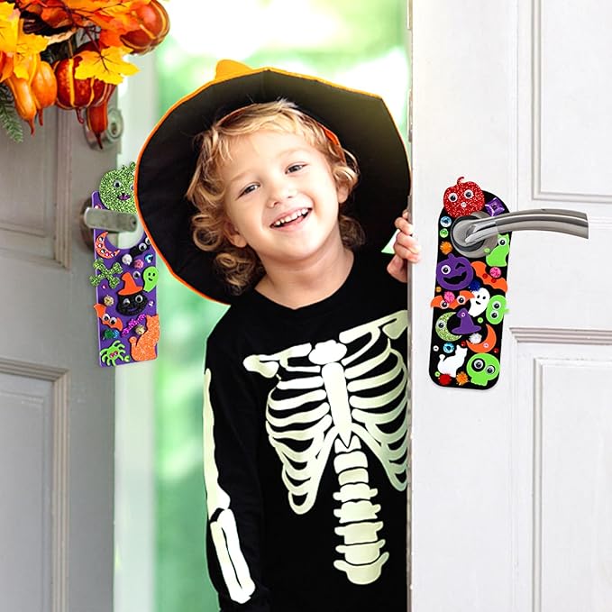 24 Set Halloween Craft Kits for Kids, DIY Halloween Doorknob Hanger Decorations Fall Arts & Crafts Supplies, Halloween Pumpkin Bat Ghost Monster Foam Stickers for Classroom Party Favors Activities