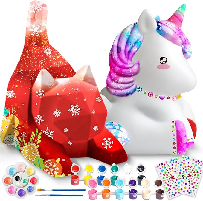Goodyking Paint Your Own Cat & Unicorn Lamp Art Kit 2pcs, DIY Night Light, Christmas Crafts for Teens, Painting Kit for Girls Boys Age 4 5 6 7 8+, Art Supplies Cat Craft Gift for Birthday, Party