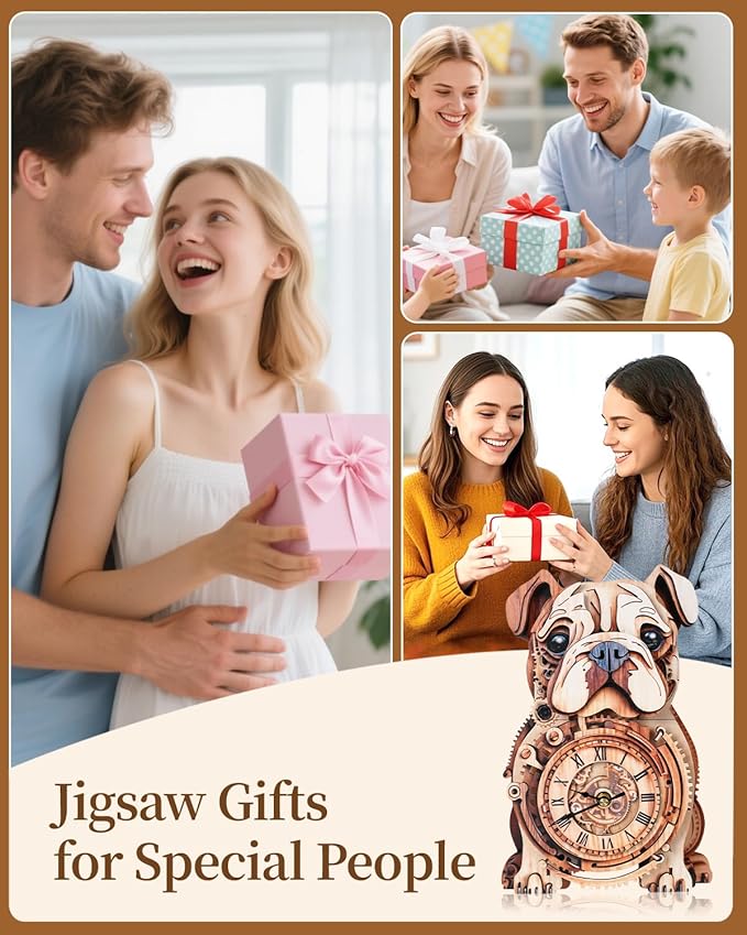 3D Wooden Puzzles for Adults, 3D Puzzles Bulldog Clock(with Pendulum) 32Pcs, Beginners Wooden Puzzle for Adults Teens Home Wall Decor Gift for Women Men