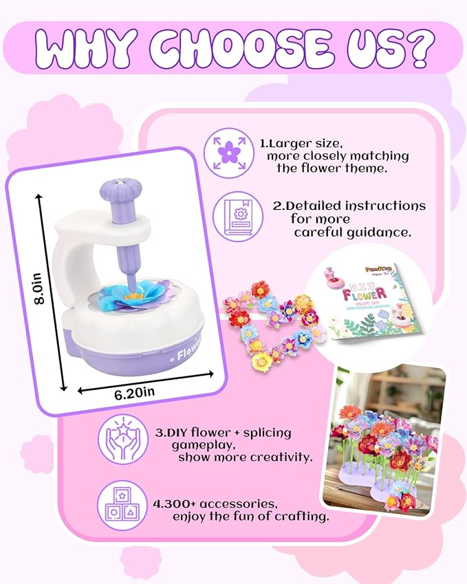 PERRYHOME Fabric Flower Bouquets Toys, 300+ Pcs DIY Flower Crafts for Kids, 2 Gameplays Educational Arts & Crafts Toy, Thanksgiving Birthday and Christmas Gift for 3 4 5 6 7 8 Years Toddler Girl