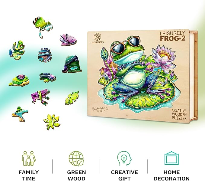 Jigfoxy Wooden Puzzle for Adults, Leisurely Frog Wooden Jigsaw Puzzles for Adult, Unique Animal Shape Wood Cut Puzzles, Christmas Thanksgiving Gifts for Friends Family (S-8.5 * 7.8in-90pcs)