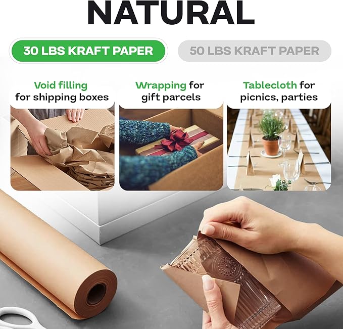 IDL Packaging 18" x 2160" (180 feet) Popular Pack Brown Kraft Paper Roll - USA-Made Perfect Craft Wrapping Paper for Packing, Moving, Shipping - 100% Recycled Natural Wrap Material