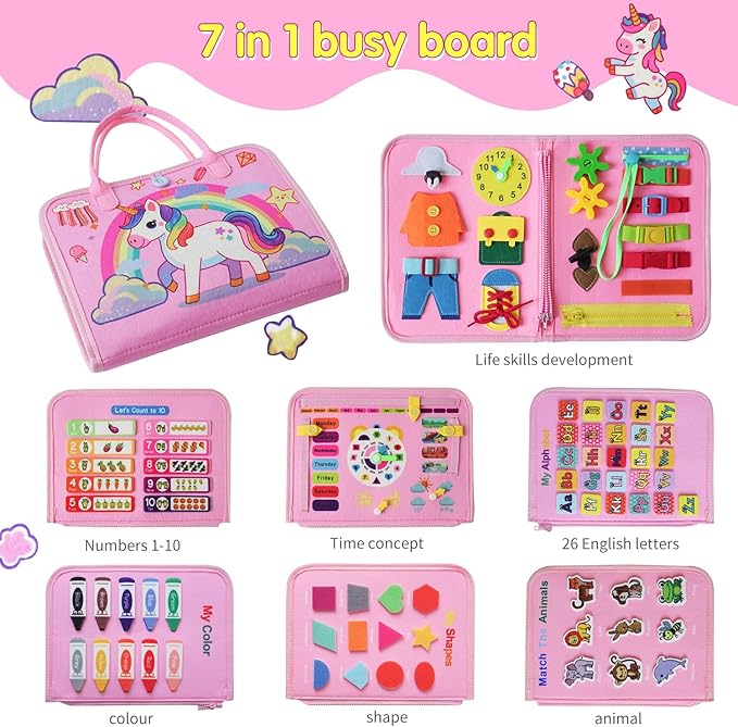 Busy Board-Montessori Toys for Toddlers,Sensory Toys for Girls,Learning Education Travel Toys for Toddlers,Activity Board Busy Book for Kids Birthday Gift (Pink)