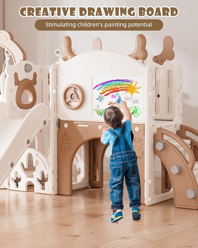 XJD 13-in-1 Toddler Slide and Swing Set, Kids Slide for Toddlers Age 1+, Toddler Outdoor Playset New Upgrade with Golf Set, Basketball Hoop, Drawing Board for Playground (Brown White)