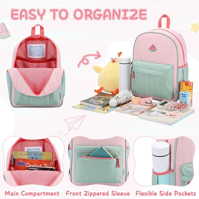 VASCHY Kids Backpack for Girls, Lightweight Quilted Color-blocked Bookbag Preschool Backpack for Kindergarten Children Light Pink Green