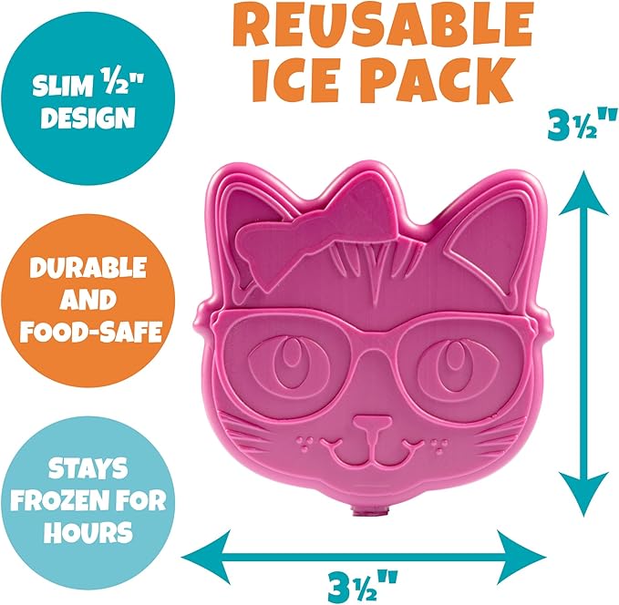 Bentology Kids Lunch Bag Set w Matching Reusable Food Jar & Hard Ice Pack- Kitty- Insulated Tote, Stainless Steel thermos & Freezer Pack to Keeps Food Fresh for Hours- Back to School Lunch Box Kits