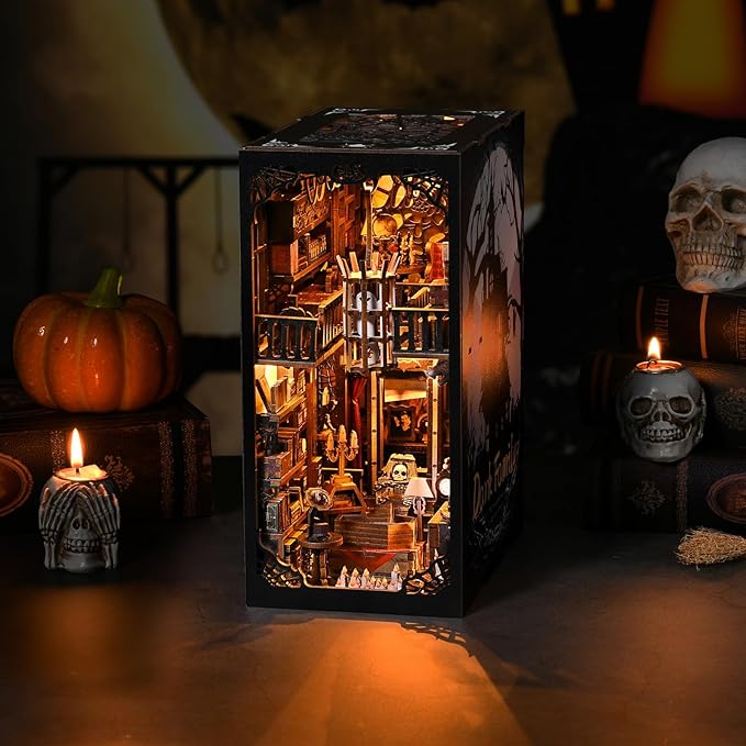 Book Nook Kit - Haunted Manor DIY 3D Wooden Puzzle for Adults, Horror Bookshelf Insert with LED Lights, Halloween Home Decor Gift,The Gothic Dark Family