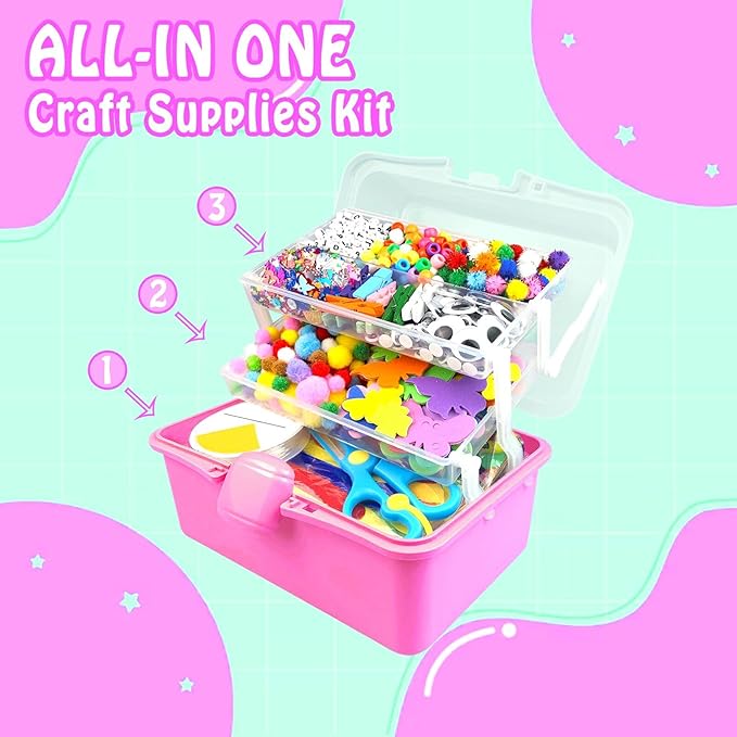 3000Pcs Arts and Crafts Supplies for Kids Craft Kits with Pipe Cleaners Crafting Supply All in 3 Layered Craft Box DIY Crafts for Kids Ages 4-8 8-12 Homeschool Supplies Toys Gifts for Girls & Boys
