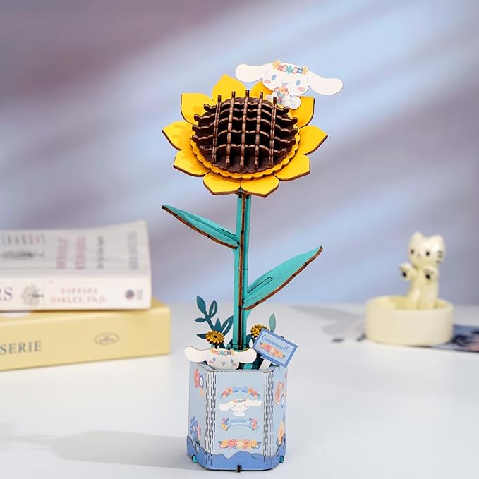 Hands Craft Hello Kitty and Friends Cinnamoroll Sunflower 3D Wooden Puzzle Kit | DIY Flower Model | Arts & Crafts | Creative Hobby Kits | Cinnamoroll Character | Wood Building Set