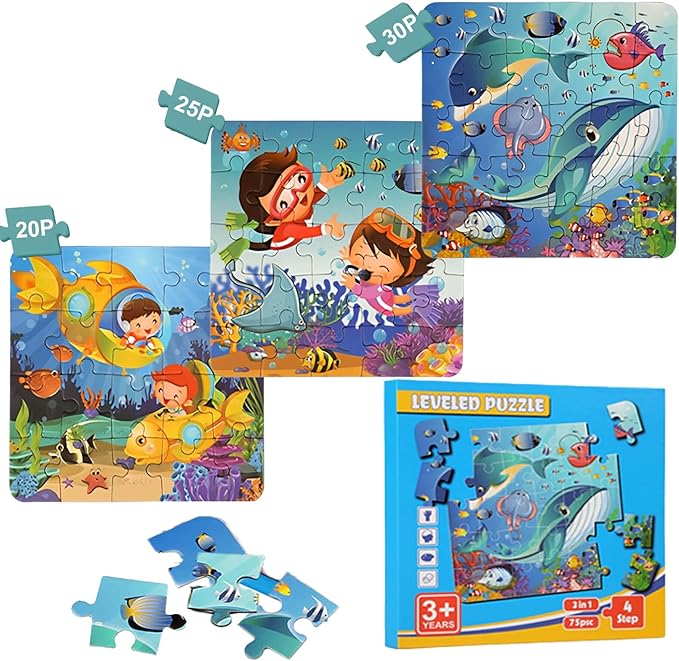 3 Pack Magnetic Puzzle Beginner, Childrens Puzzles Age 3-5, Puzzles for Kids Ages 2-4 4-8,Toddler Travel Toys, Preschool Learning Toys (3 Pack, Animals + Vehicles + Ocean)
