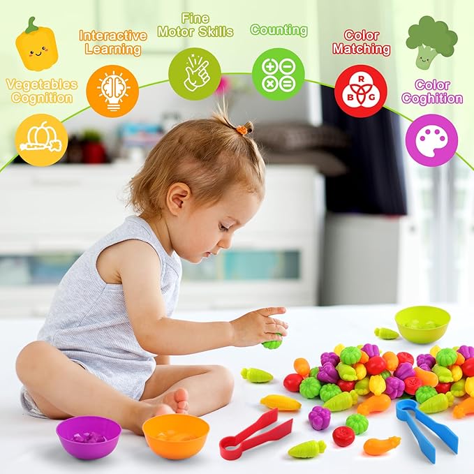 Counting Vegetables Matching Games Sensory Toys with Sorting Bowls Preschool Learning Activities Color Classification Montessori Educational Toys Set Gift for Boys Girls Toddlers Toys Age 3+
