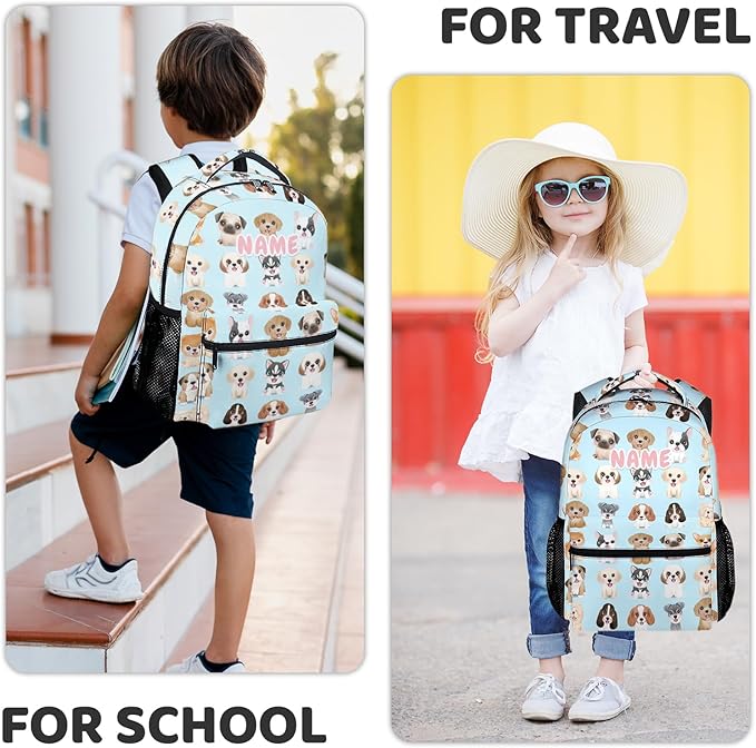 Custom Dog Backpacks for Kids, Large Capacity Backpack for School, Cute Blue Doggy Print Lightweight Bookbag for Boys & Girls