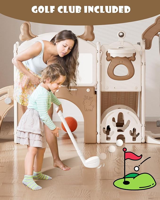 XJD 13-in-1 Toddler Slide and Swing Set, Kids Slide for Toddlers Age 1+, Toddler Outdoor Playset New Upgrade with Golf Set, Basketball Hoop, Drawing Board for Playground (Brown White)