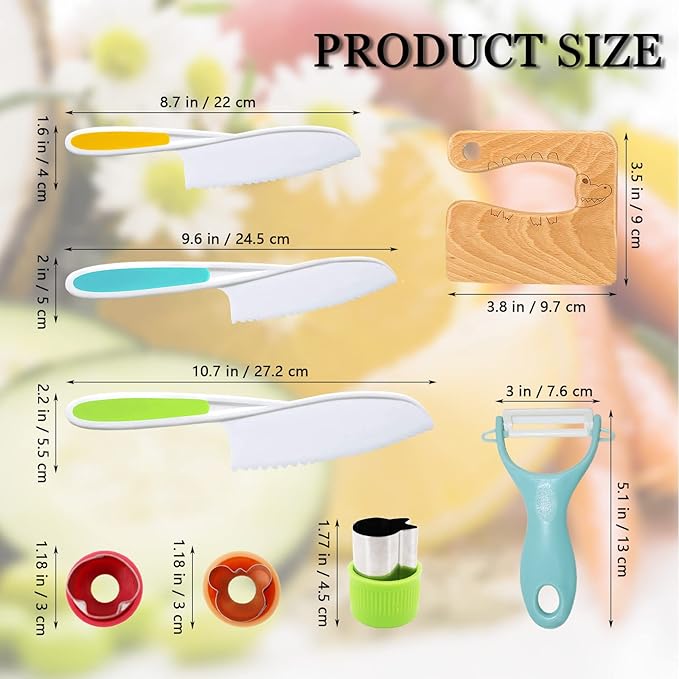 RISICULIS Wooden Kids Cooking Sets Real, Kids Knife Set Include Wood Kids Safe Knife, Serrated Edges Plastic Toddler Knife, Sandwich Cutter, Toddler Kitchen Kids Cooking Gifts for Kids