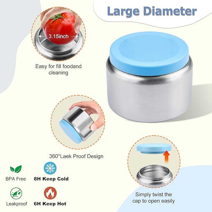 MAISON HUIS Kids Bento Box Set - Includes 8oz Soup Thermo, Insulated Lunch Bag & 17oz Stainless Steel Water Bottle, 5-Compartment Bento Box with Built-In Ice Pack, Leak-Proof & BPA-Free(Blue)