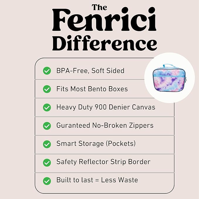 Fenrici Tie Dye Lunch Box for Girls, Teens, Women, Kids, Insulated Lunch Bag, Soft Sided Compartments, Spacious, BPA Free, Food Safe, 10.8in x 8.5in x 2.8in, Pastel Pink Tie Dye