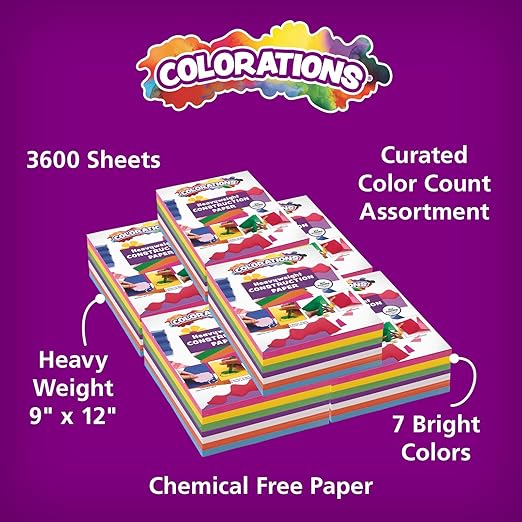 Colorations Construction Paper for Kids - 7 Colors - 3600 Bulk Sheets of 9X12 - Assorted Pack of Heavy-Duty Craft Paper