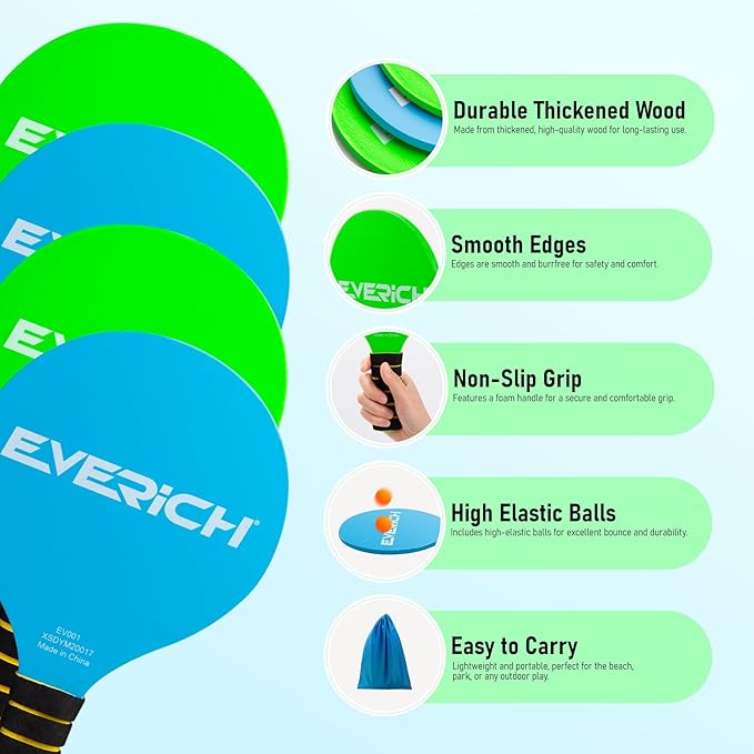 EVERICH Upgraded Toss Catch Paddle Ball Game Set, Outdoor Racket Games for Kids Adults, Beach Pool Sand Lawn Toy Includes 8 Paddles 8 Balls 8 Birdies 2 Flying Disc, Birthday Easter Gift for Boys Girls