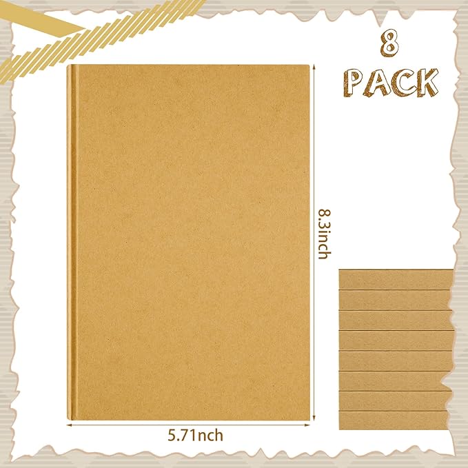 Henoyso 8 Pcs A5 Blank Notebooks Journals Bulk 100 Sheets/200 Pages Unlined Craft Notebooks Kraft Sketchbooks Hardcover for Writing Drawing for Gifts Students School Office, 8.3 x 5.7 in (Brown)