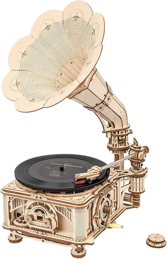 ROKR 3D Wooden Puzzles Gramophone for Adults - DIY Mechanical Model Kit 1:1 Replica Record Player Support 7"/10" Vinyl Building Gift Hobbies for Adults Home Decor
