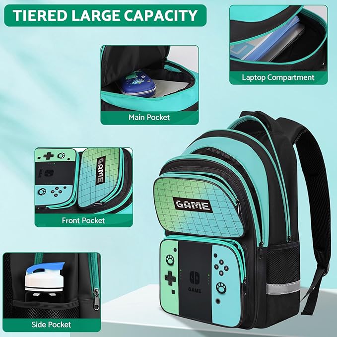 Kids Backpack For Boys,Gamer Boys Backpack For Children Teens Elementary Middle School, 17″ Students Bookbag