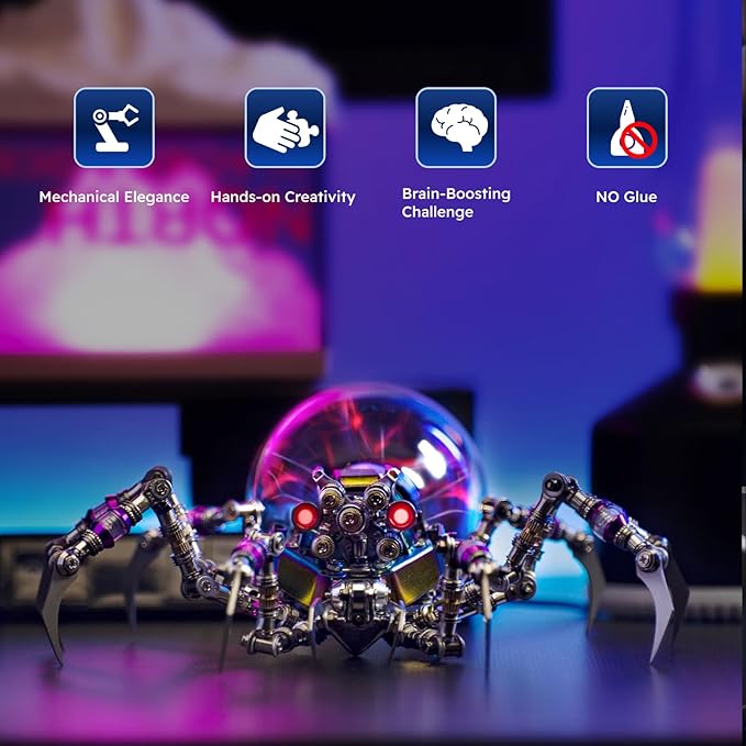 Cyberpunk Metal Spider 3D Puzzle, DIY Sci-Fi Model with Color-Changing Eyes & Interactive Plasma Ball & Home Decor for Teens & Adults (14+), 650 Pieces, 1 Count