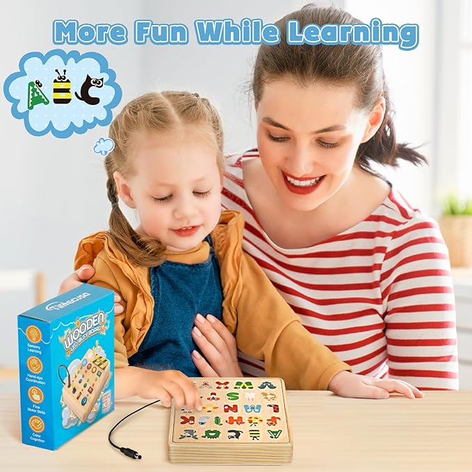 HONGDDY Wooden Sensory Busy Board for Toddler, Airplane-shaped Montessori Music Toy, Light Switch Activity Toy for Boys & Girls
