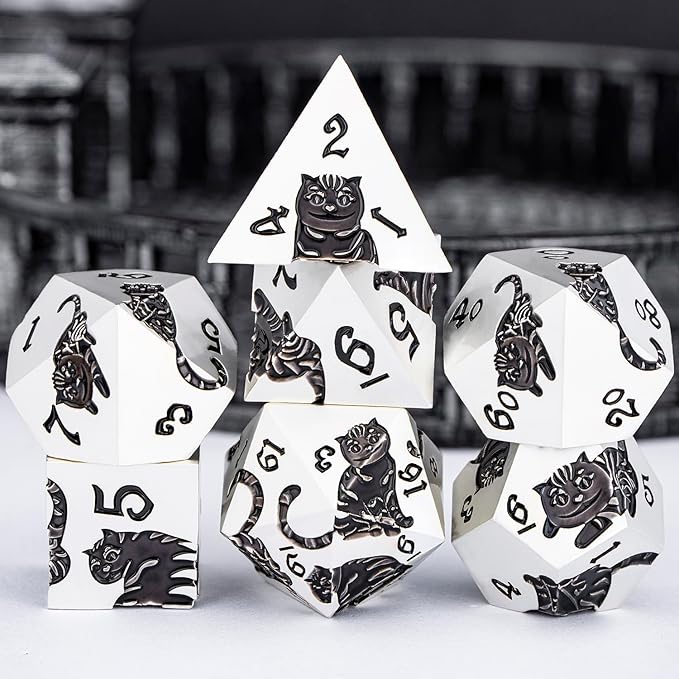 Metal DND Cat Dice 7PCS Polyhedral RPG Dice Set with Gift Case for Dungeons Dragons Role Playing Game, D and D Dice D6 D8 D10 D12 D20 D% (Silver Black)