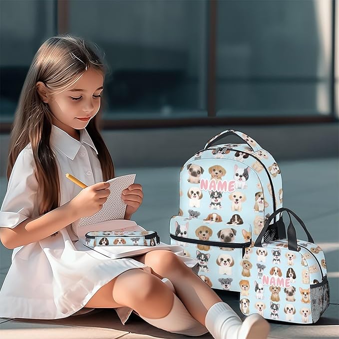 Custom Dog Backpack with Lunch Box, Set of 3 School Backpacks Matching Combo, Cute Blue Bookbag and Pencil Case Bundle