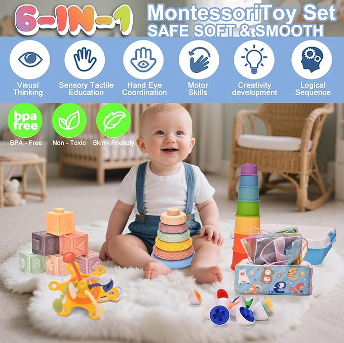 Montessori Toys for 1 Year old,Baby Toys 6-12 Months,6-in-1 Sensory Toy for Babies 6 month old,Stacking Blocks Cups,Pull String,Matching Eggs,Sensory Tissue Box Toy for Toddlers 6-9-12 Months Gifts