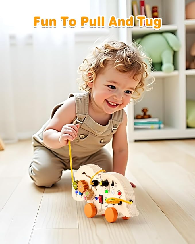 2-in-1 Busy Board & Pull Toys for Toddlers 1-3: Dinosaur Busy Board with Led Light, Educational Learning Toys Wooden Multi-Sensory Board with 4 Movable Wheels, Montessori Toys for 1 2 3 Year Old