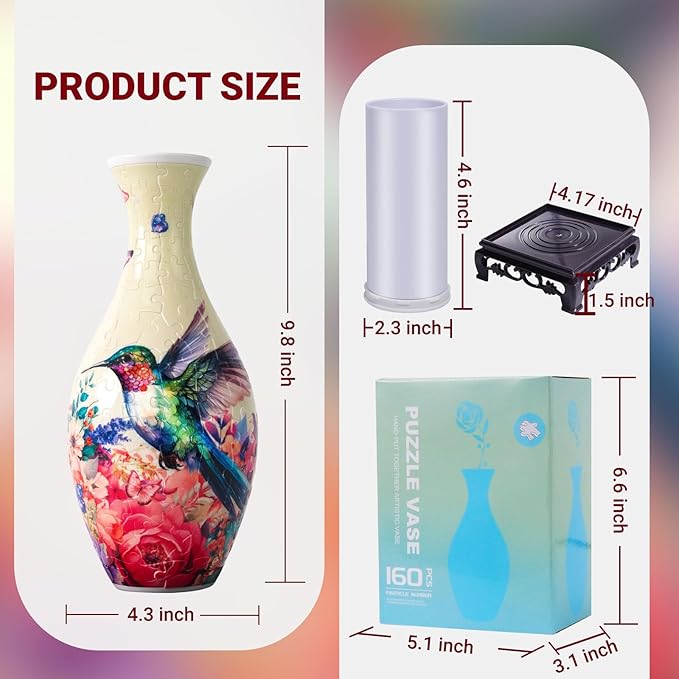 Hummingbird 3D Puzzle Vase for Adults to Flower Arrangement and Home Decoration Made by 160 Curved Plastic Puzzle Pieces,Great Gift for Mother's Day and Housewarming