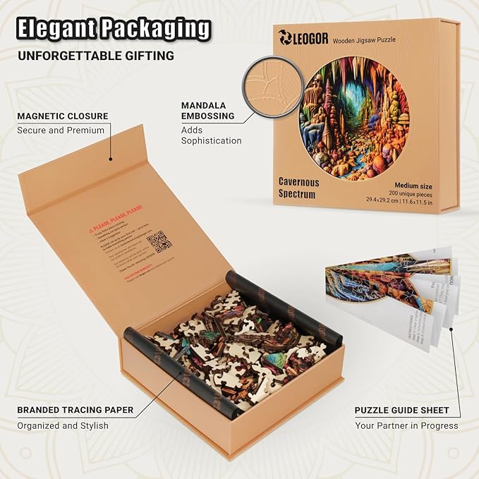 LEOGOR Wooden Jigsaw Puzzles for Adults 200 Pieces (11.6 × 11.5 in), Cave Puzzle, Extra-Thick 5mm Wood, Round 3D Mosaic Design, Unique Animal Shapes, Relaxing Artistic Gift for Adults and Teens