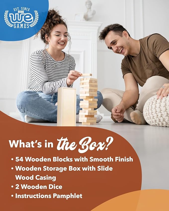 WE Games Wooden Block Stacking Party Game for Adults, Tumble Tower Wedding Guest Book Alternative, Tabletop Games, Includes Storage Case, 12 inches