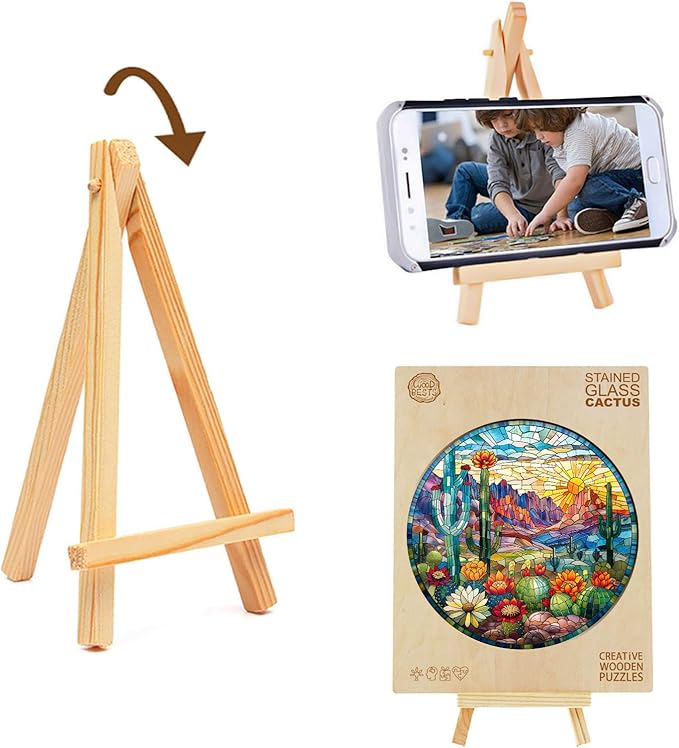 Jigfoxy Wooden Puzzles for Adults, Stained Glass Cactus Wood Puzzles Adult, Unique Animal Shape Wooden Jigsaw Puzzles for Adults, Birthday Gifts for Puzzle Lovers, Family (S-8.5 * 8.5in-100pcs)